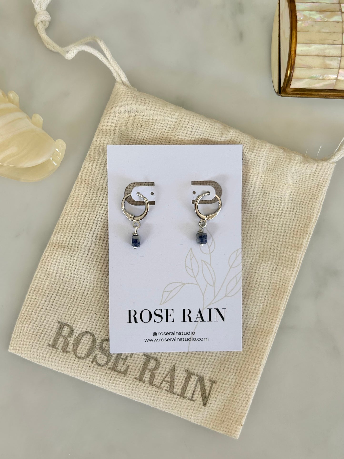 TINY LAPIS LAZULI HUGGIE EARRINGS IN PLATINUM