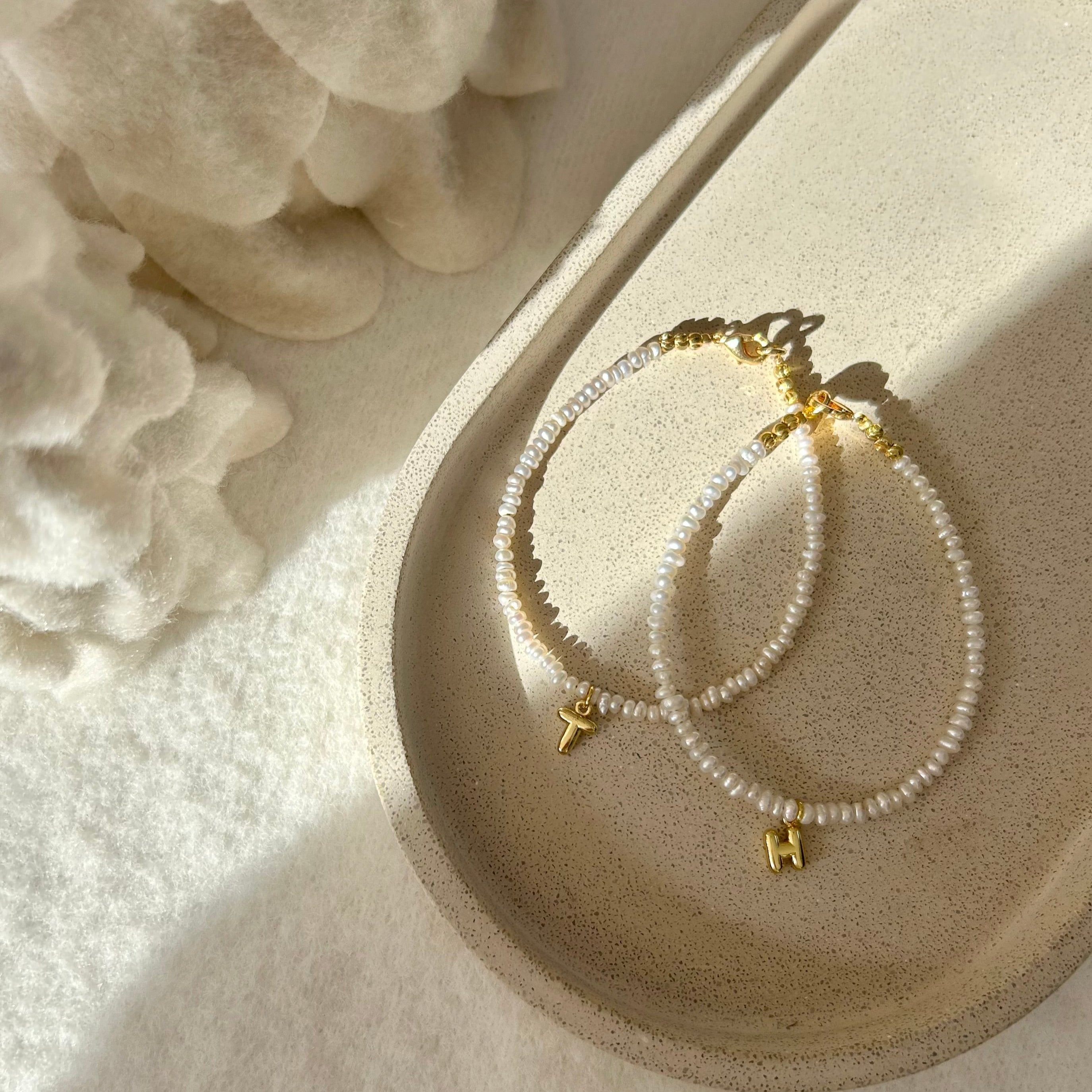 Double Pearl Bracelet with Monogram Initials - White Pearl Beaded Bracelet with Initials, Sterling Silver, Yellow, Rose 2024 Gold