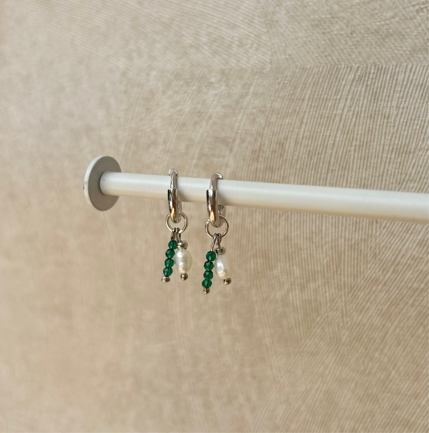 DETACHABLE PEARL & GREEN CHARM HUGGIES IN PLATINUM