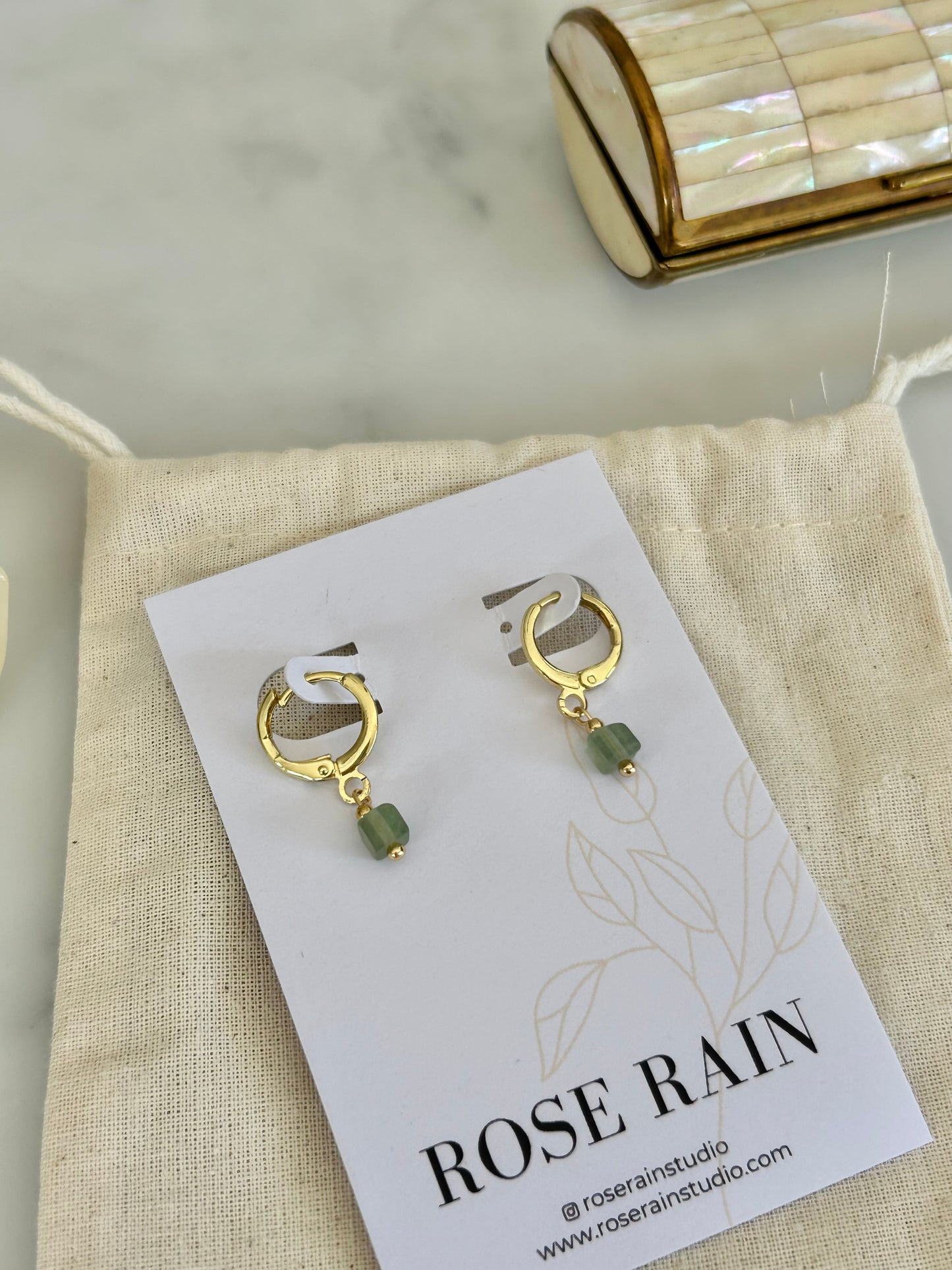 TINY GREEN AVENTURINE HUGGIE EARRINGS IN 18K GOLD