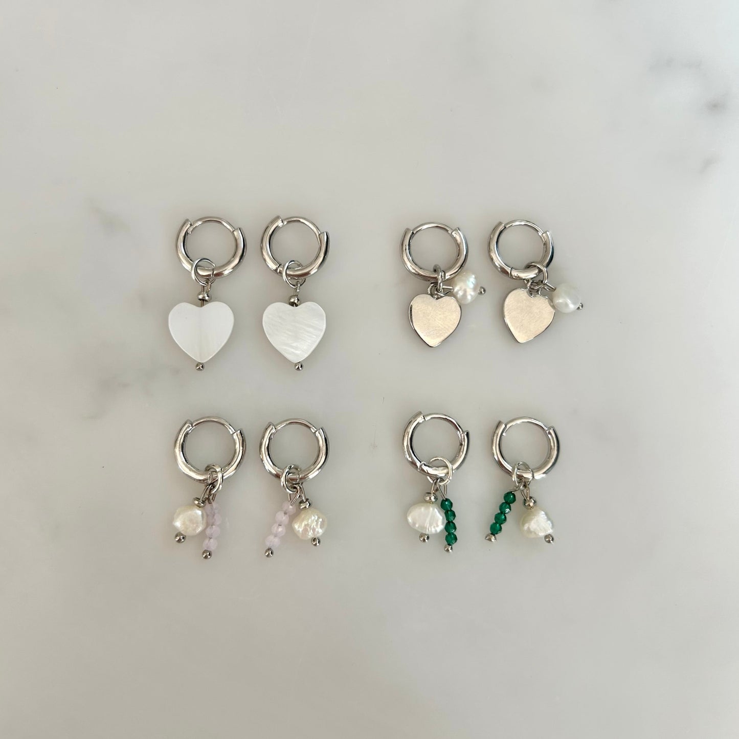 DETACHABLE HEART PEARL CHARM HUGGIE EARRINGS IN PLATINUM