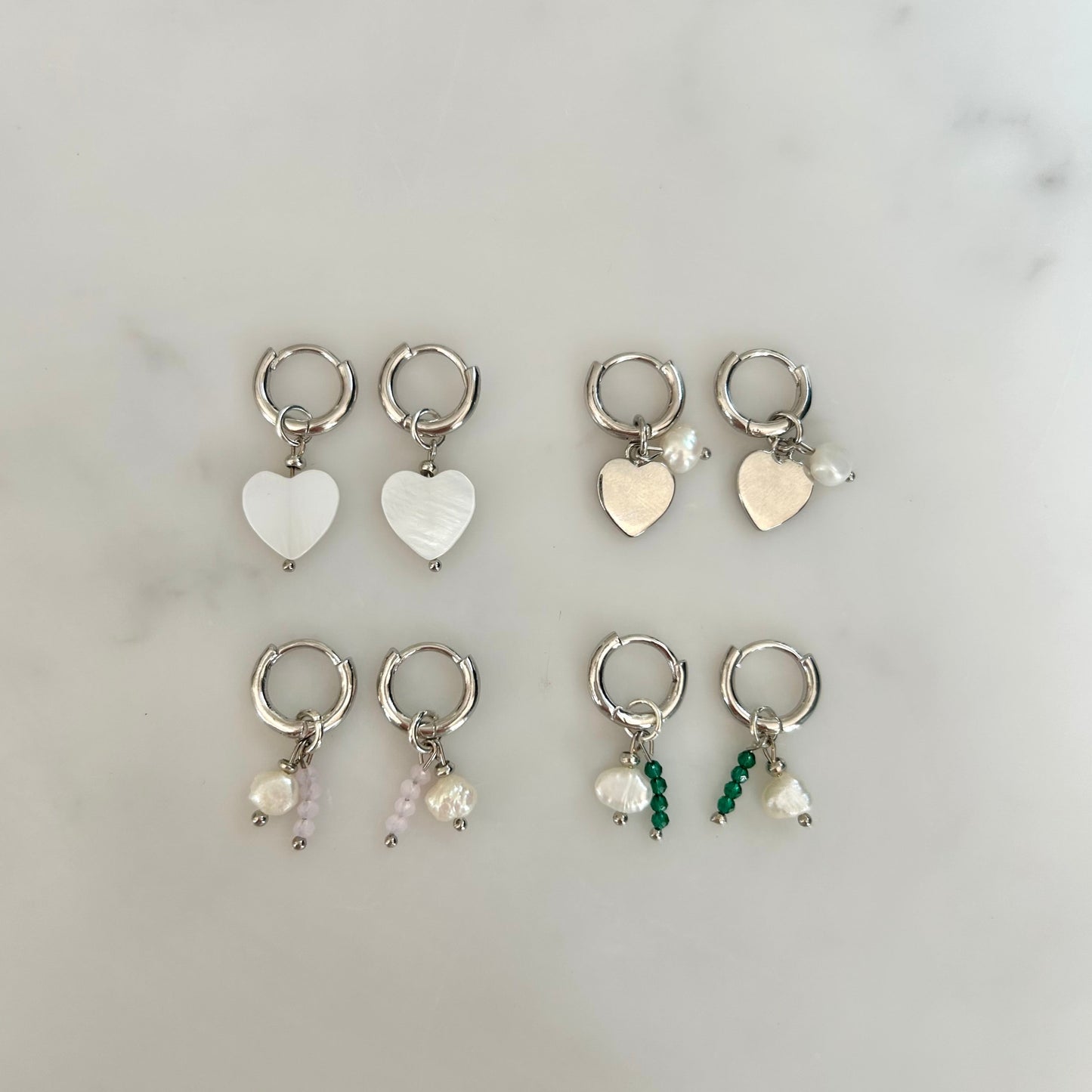 DETACHABLE PEARL & GREEN CHARM HUGGIES IN PLATINUM