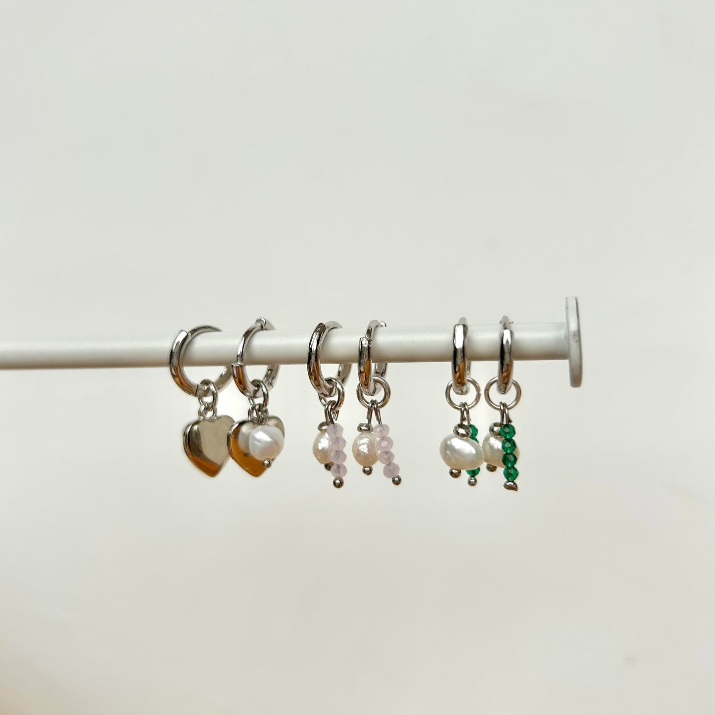 DETACHABLE PEARL & GREEN CHARM HUGGIES IN PLATINUM
