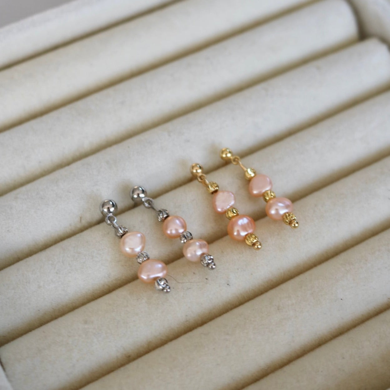 SUNRISE PINK FRESHWATER PEARL STUDS IN 18K GOLD