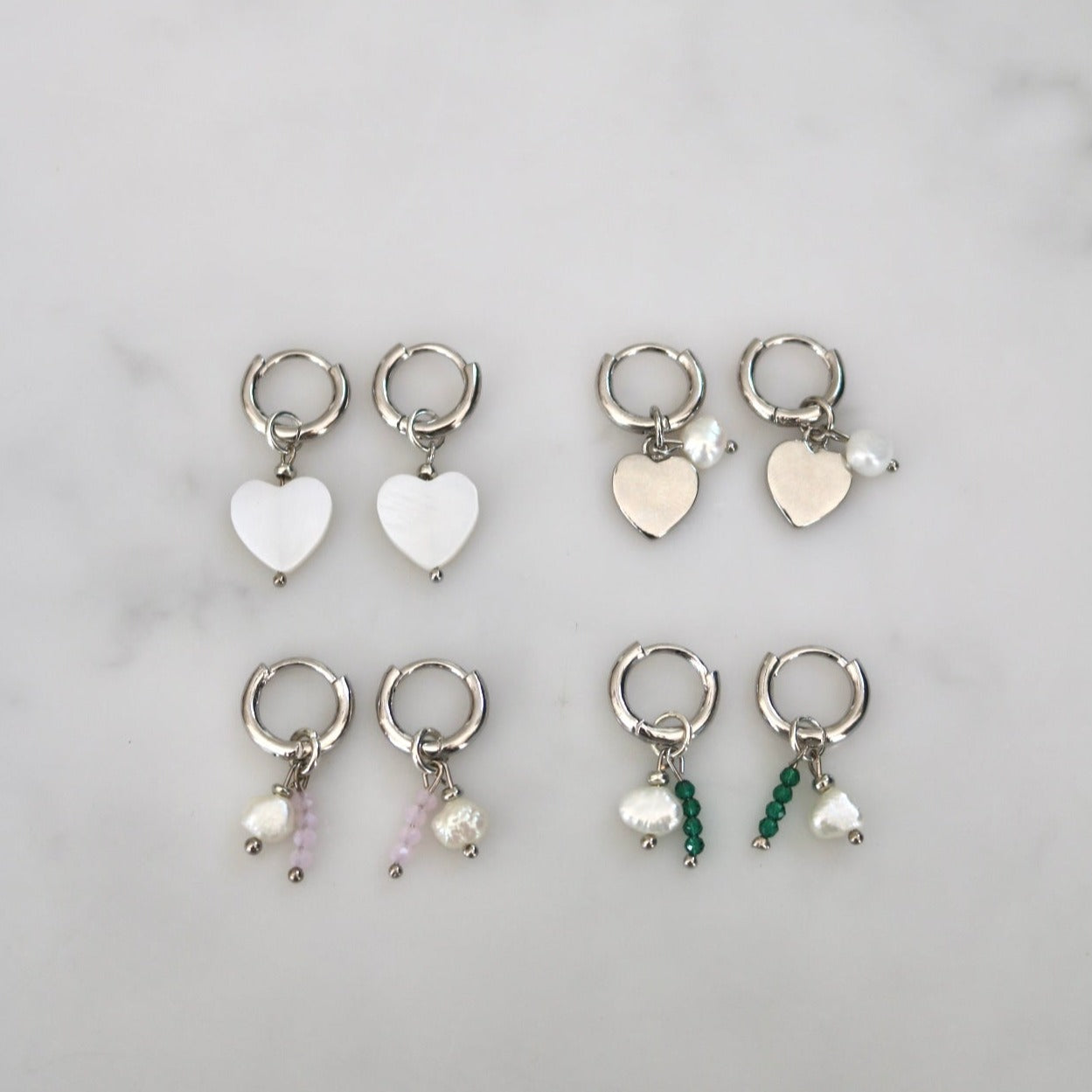 DETACHABLE HEART PEARL CHARM HUGGIE EARRINGS IN PLATINUM