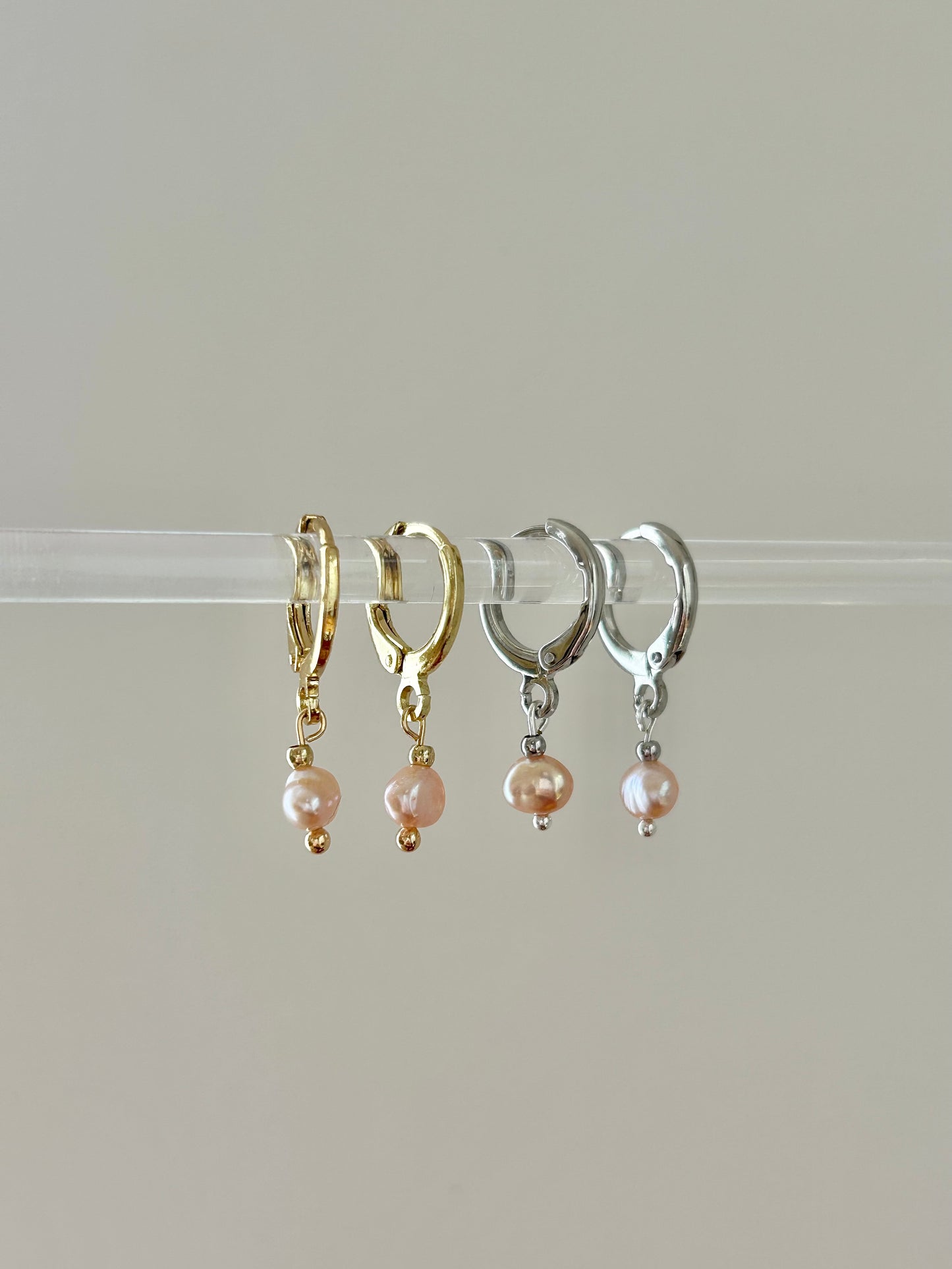 TINY FRESHWATER PINK PEARL HUGGIE EARRINGS IN PLATINUM