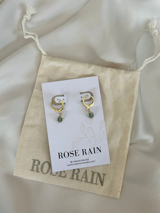 TINY GREEN AVENTURINE HUGGIE EARRINGS IN 18K GOLD