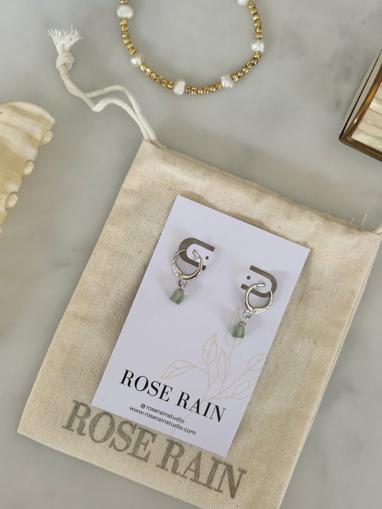 TINY GREEN AVENTURINE HUGGIES IN PLATINUM