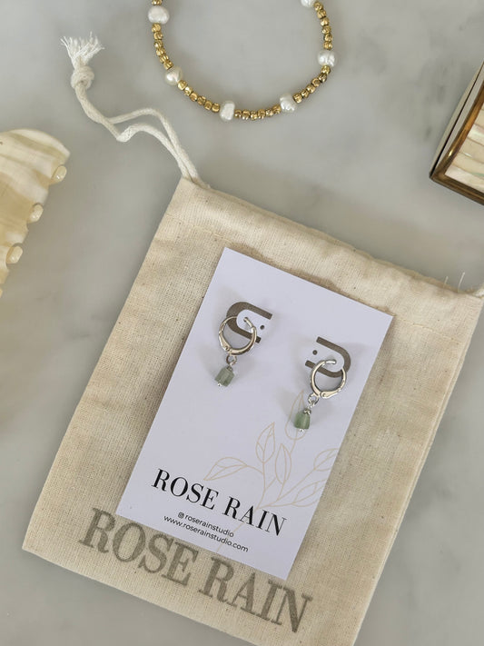 TINY GREEN AVENTURINE HUGGIES IN PLATINUM