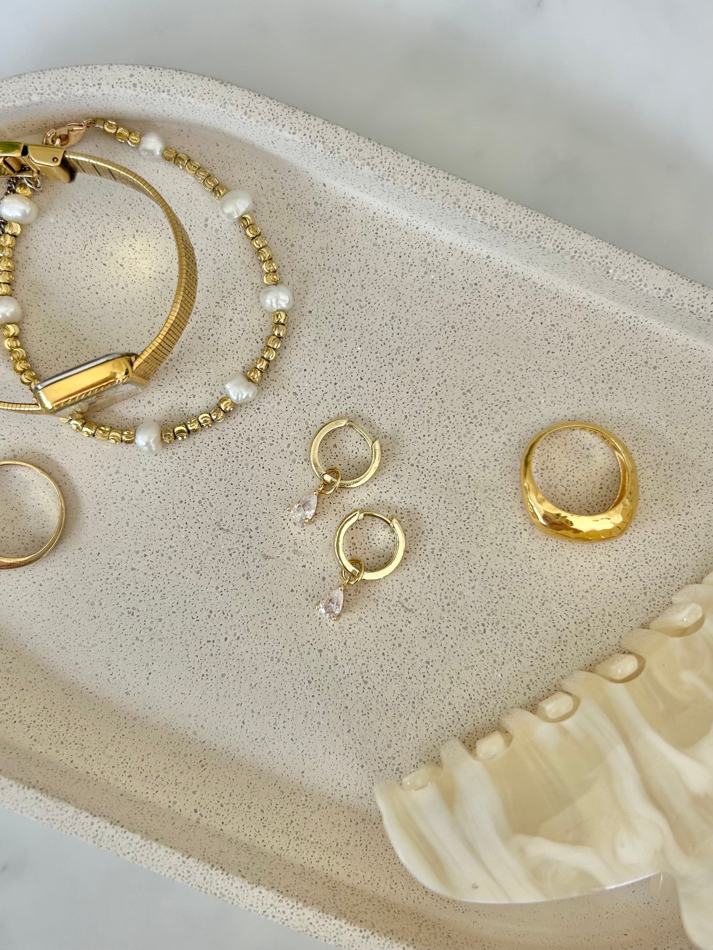 DETACHABLE WHITE TEARDROP CHARM HUGGIE EARRINGS IN 18K GOLD