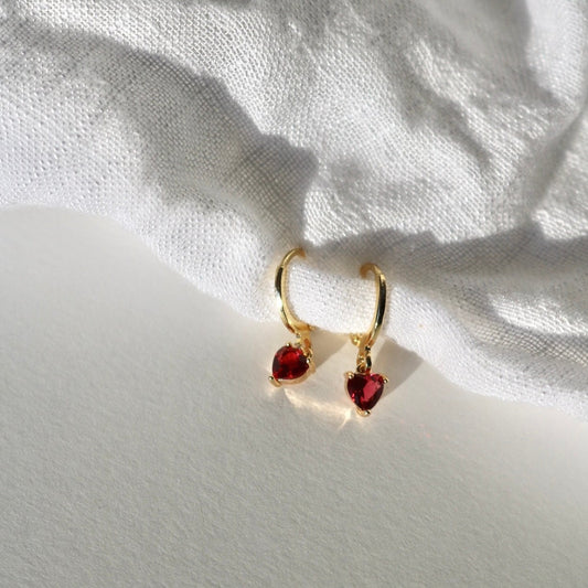 CLIP ON TINY RED HEART HUGGIE EARRINGS IN 18K GOLD