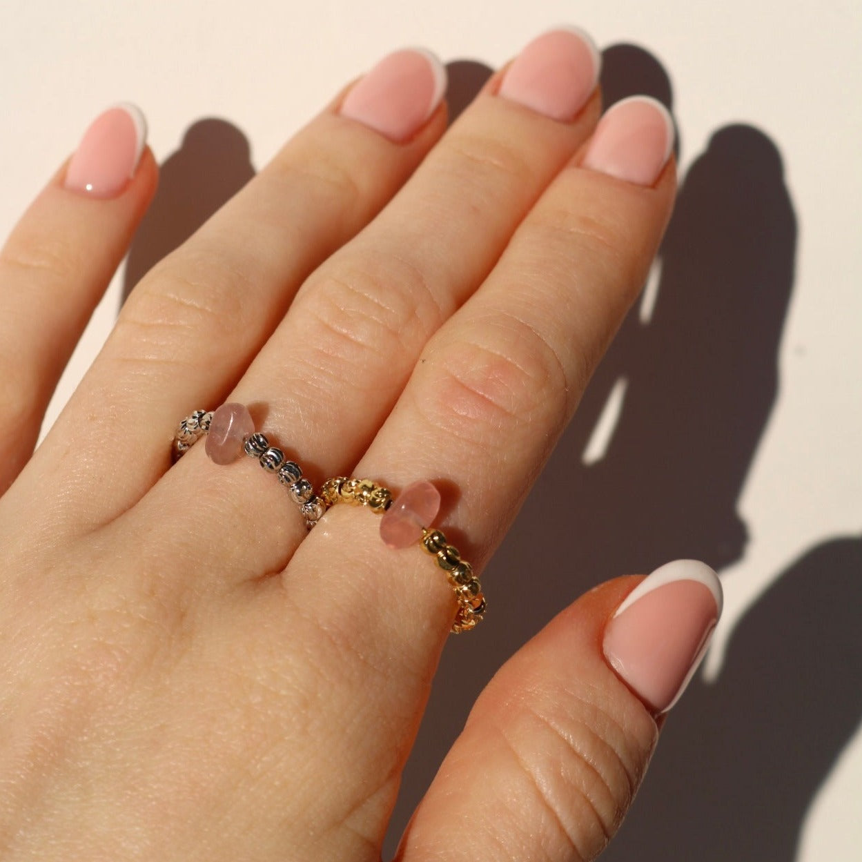 ROSE QUARTZ BEAD RING IN 18K GOLD