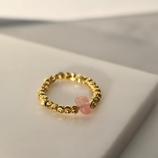 ROSE QUARTZ BEAD RING IN 18K GOLD