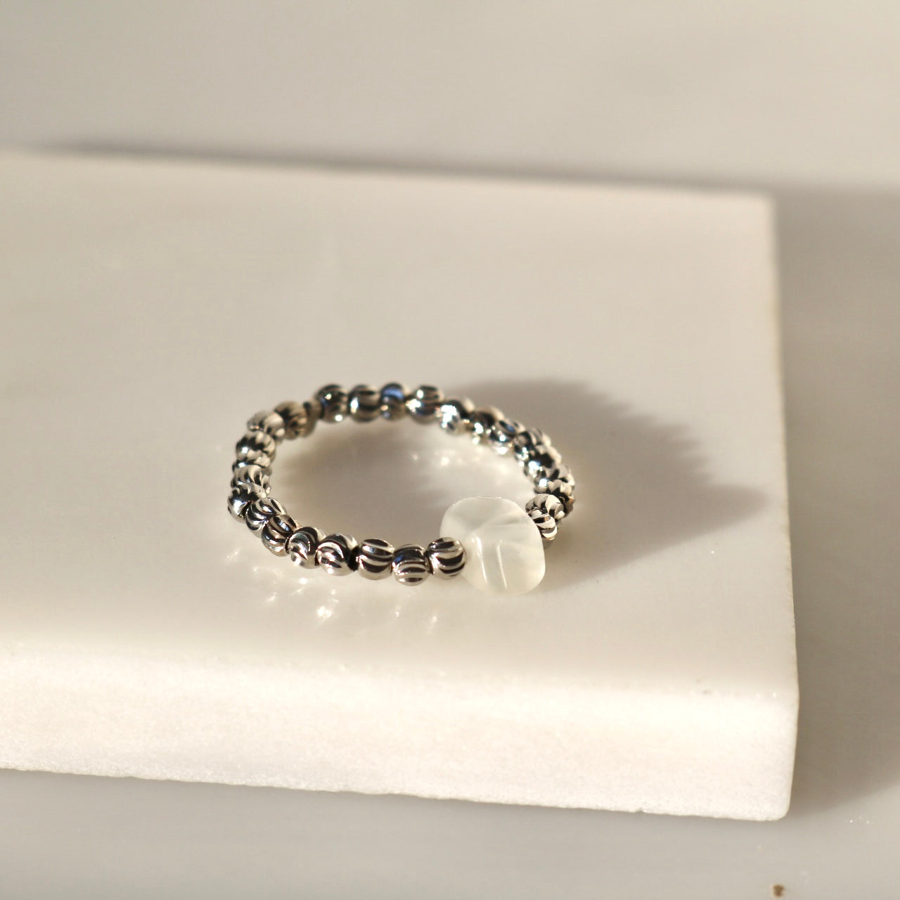 MOONSTONE BEAD RING IN PLATINUM