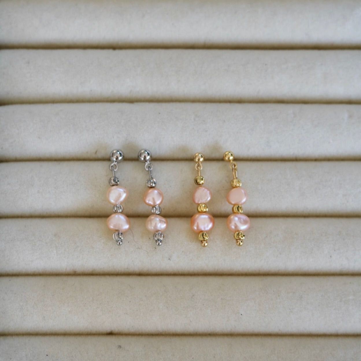 SUNRISE PINK FRESHWATER PEARL STUDS IN PLATINUM