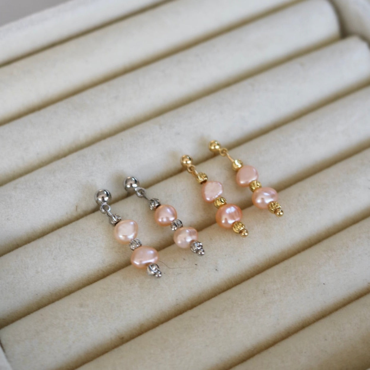 SUNRISE PINK FRESHWATER PEARL STUDS IN 18K GOLD