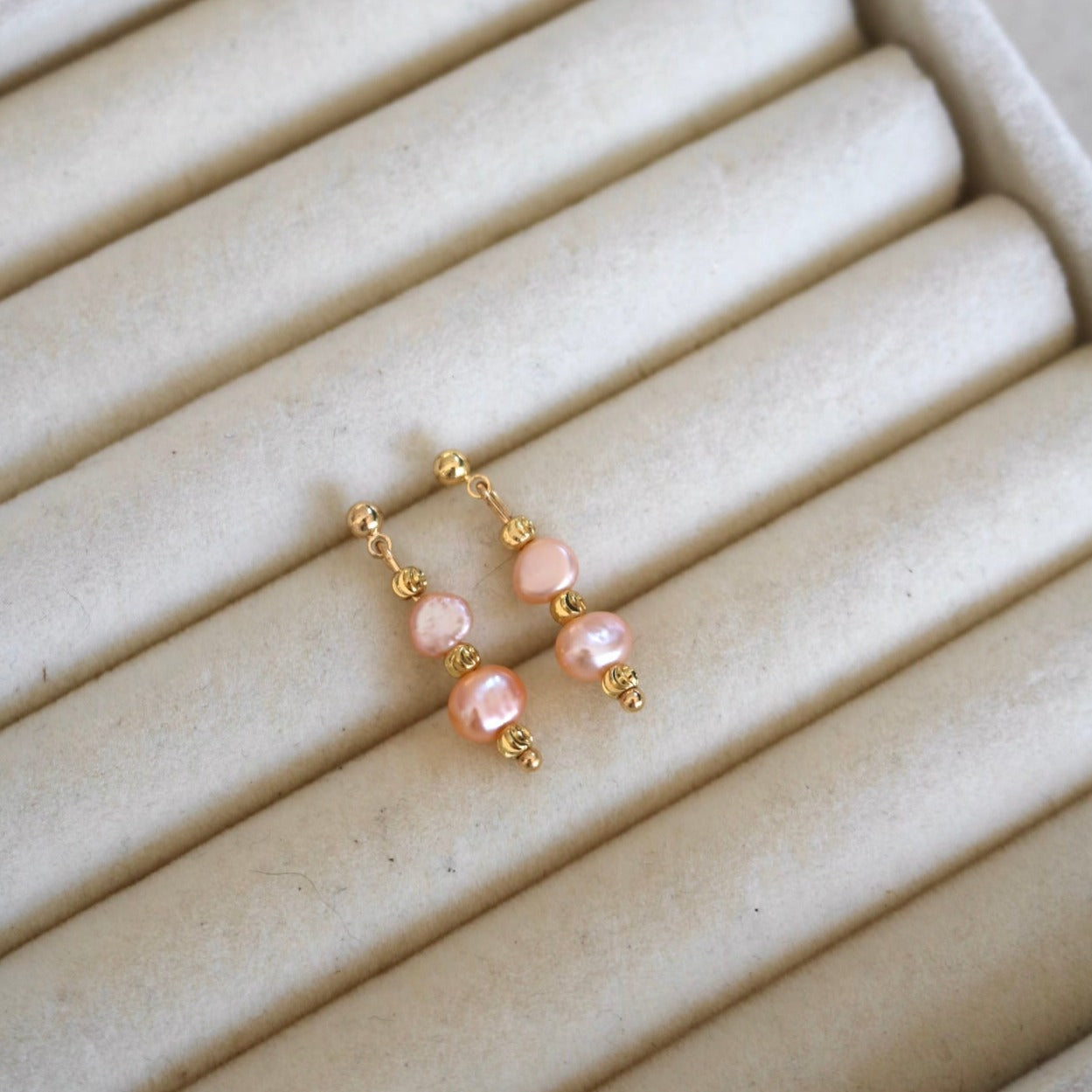 SUNRISE PINK FRESHWATER PEARL STUDS IN 18K GOLD