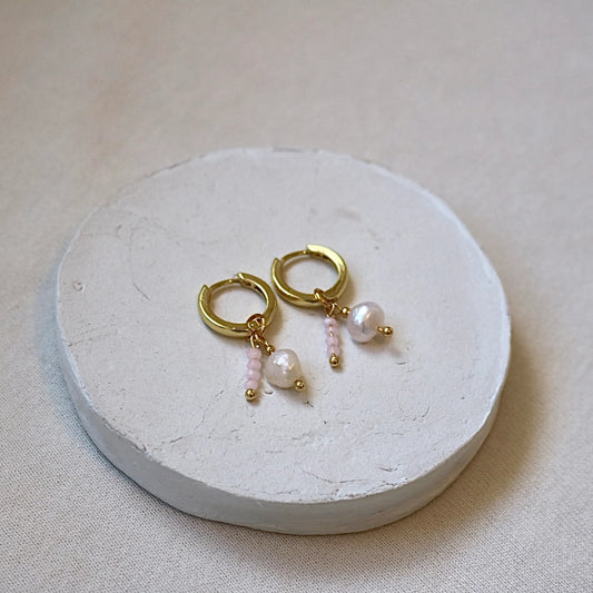 DETACHABLE PEARL & PINK CHARM HUGGIES IN 18K GOLD