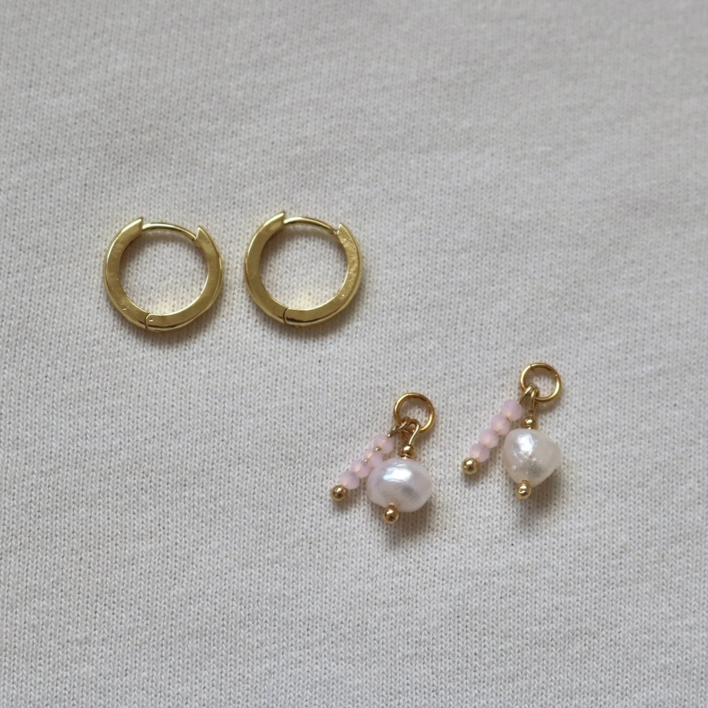 DETACHABLE PEARL & PINK CHARM HUGGIES IN 18K GOLD