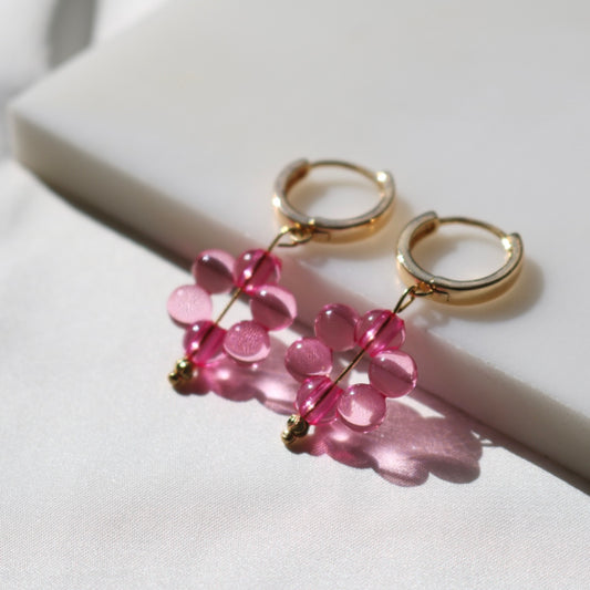 PINK FLOWER POWER HUGGIE EARRINGS IN 18K GOLD