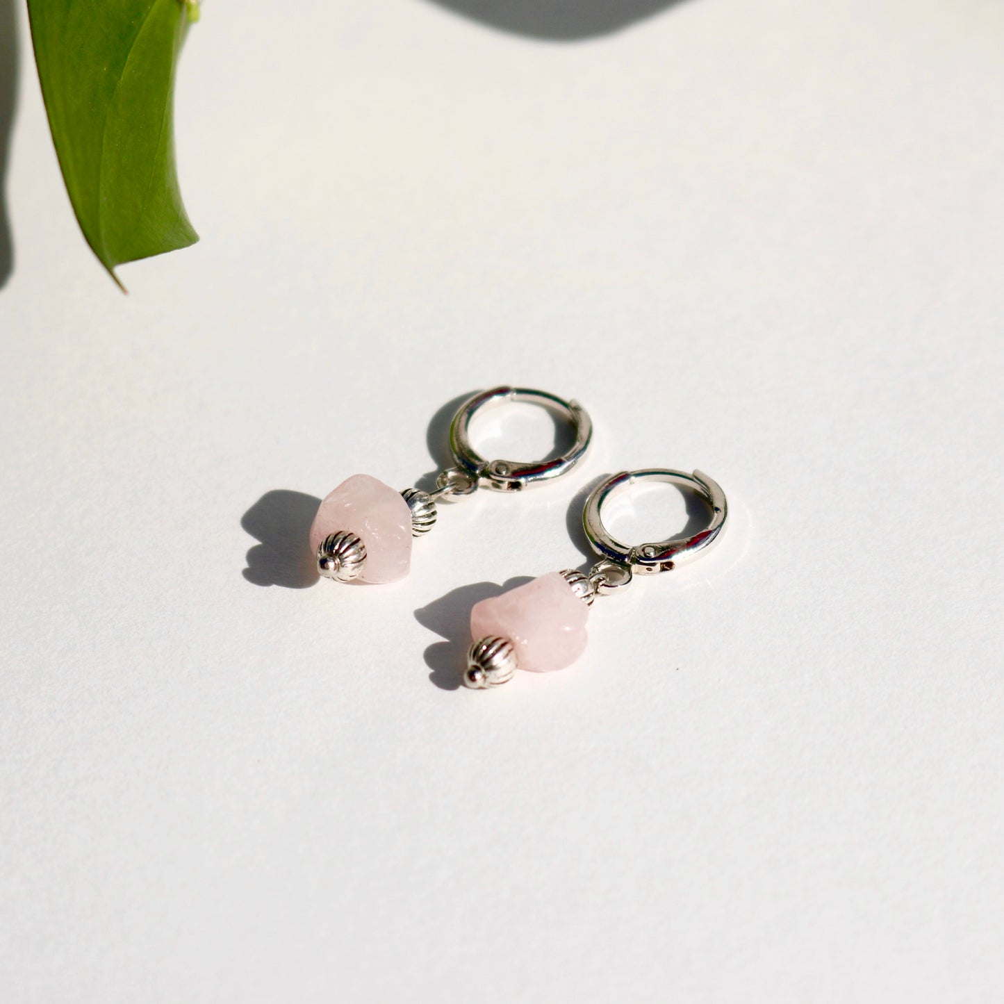 CLIP ON IRIS ROSE QUARTZ HUGGIE EARRINGS IN PLATINUM