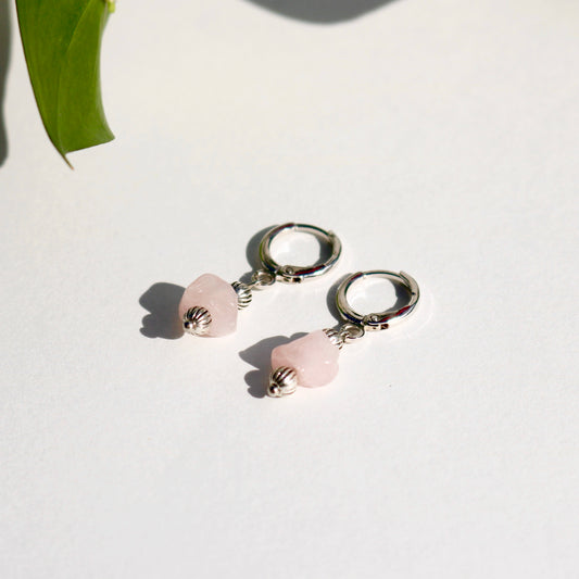 IRIS ROSE QUARTZ HUGGIE EARRINGS IN PLATINUM