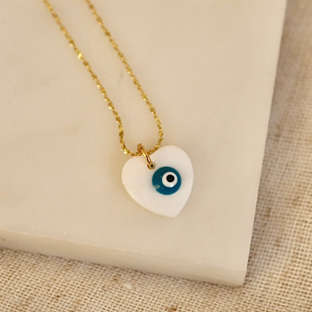 EVIL EYE FRESHWATER SHELL HEART NECKLACE IN 18K GOLD