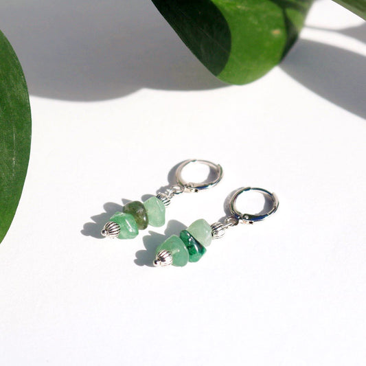 LILY GREEN AVENTURINE HUGGIE EARRINGS IN PLATINUM