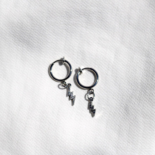 CLIP ON LIGHTNING CHARM HUGGIE EARRINGS IN PLATINUM