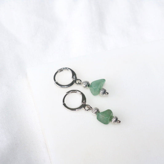 CLIP ON IRIS GREEN AVENTURINE HUGGIES IN PLATINUM