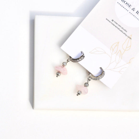 IVY ROSE QUARTZ HUGGIE EARRINGS IN PLATINUM