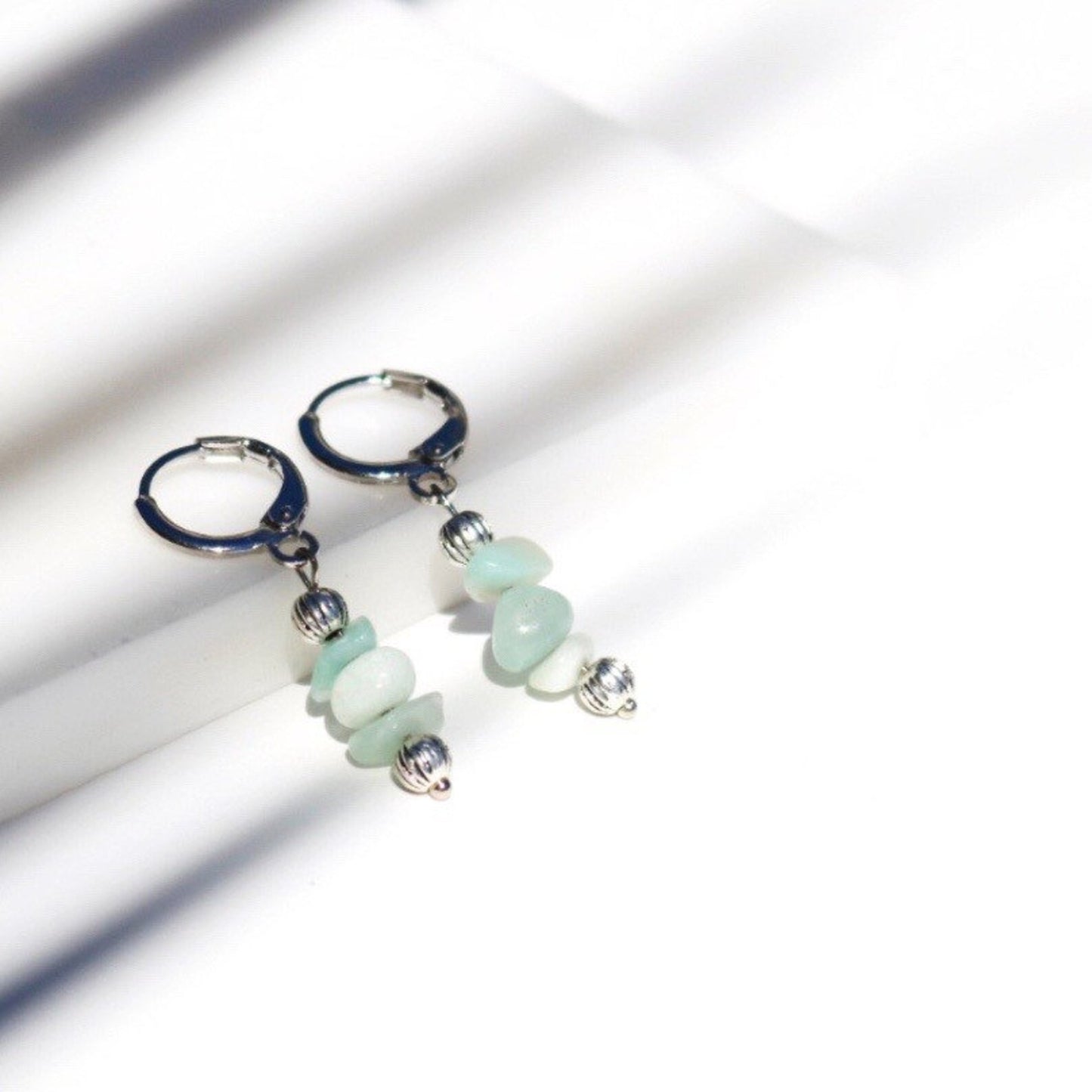 LILY AMAZONITE HUGGIE EARRINGS IN PLATINUM