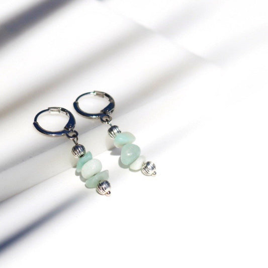 CLIP ON LILY AMAZONITE HUGGIE EARRINGS IN PLATINUM