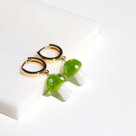 GLASS MUSHROOM HUGGIE EARRINGS IN 18K GOLD