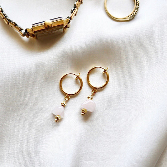 CLIP ON IRIS ROSE QUARTZ HUGGIE EARRINGS IN 18K GOLD