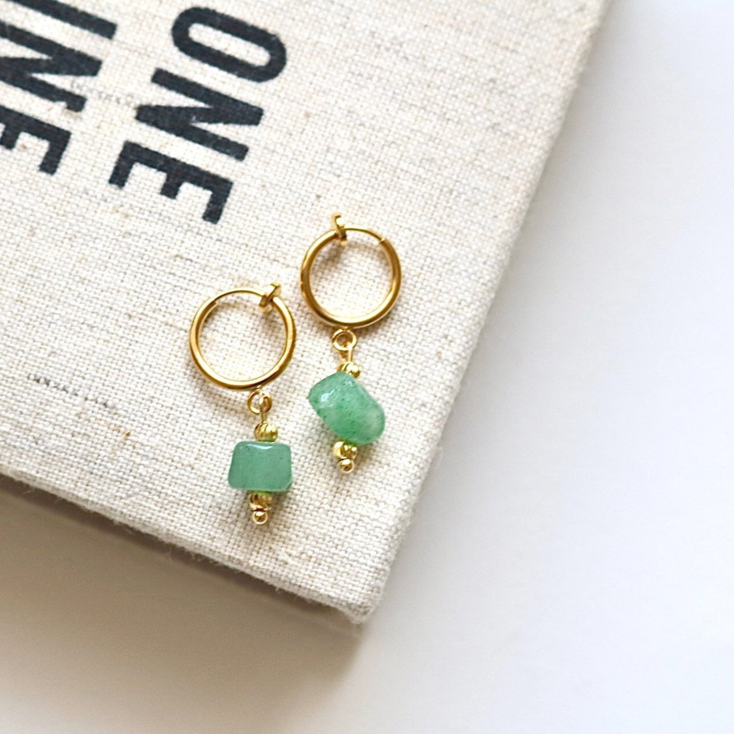 CLIP ON IRIS GREEN AVENTURINE HUGGIE EARRINGS IN 18K GOLD