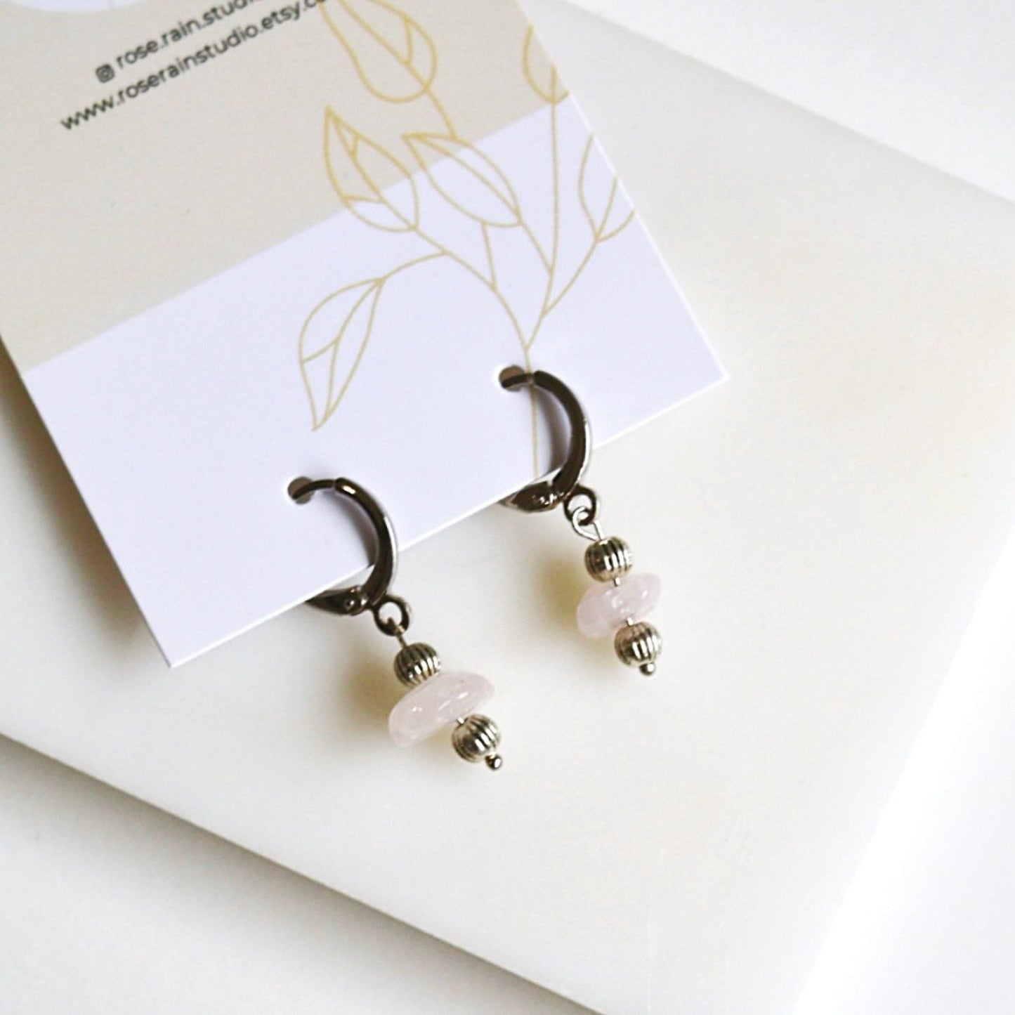 CLIP ON IRIS ROSE QUARTZ HUGGIE EARRINGS IN PLATINUM