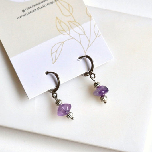 CLIP ON IRIS AMETHYST HUGGIE EARRINGS IN PLATINUM