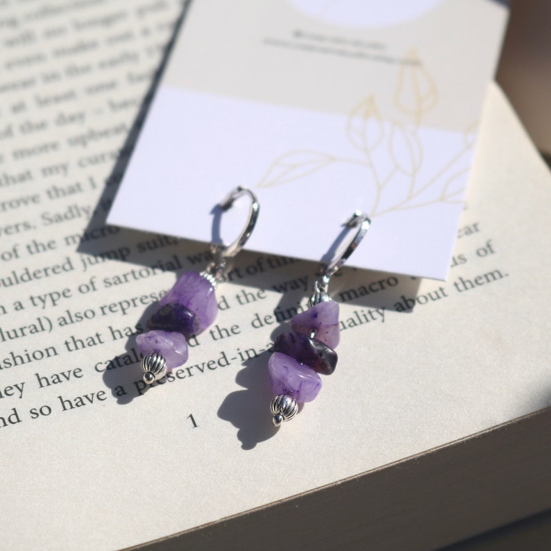 CLIP ON LILY AMETHYST HUGGIE EARRINGS IN PLATINUM